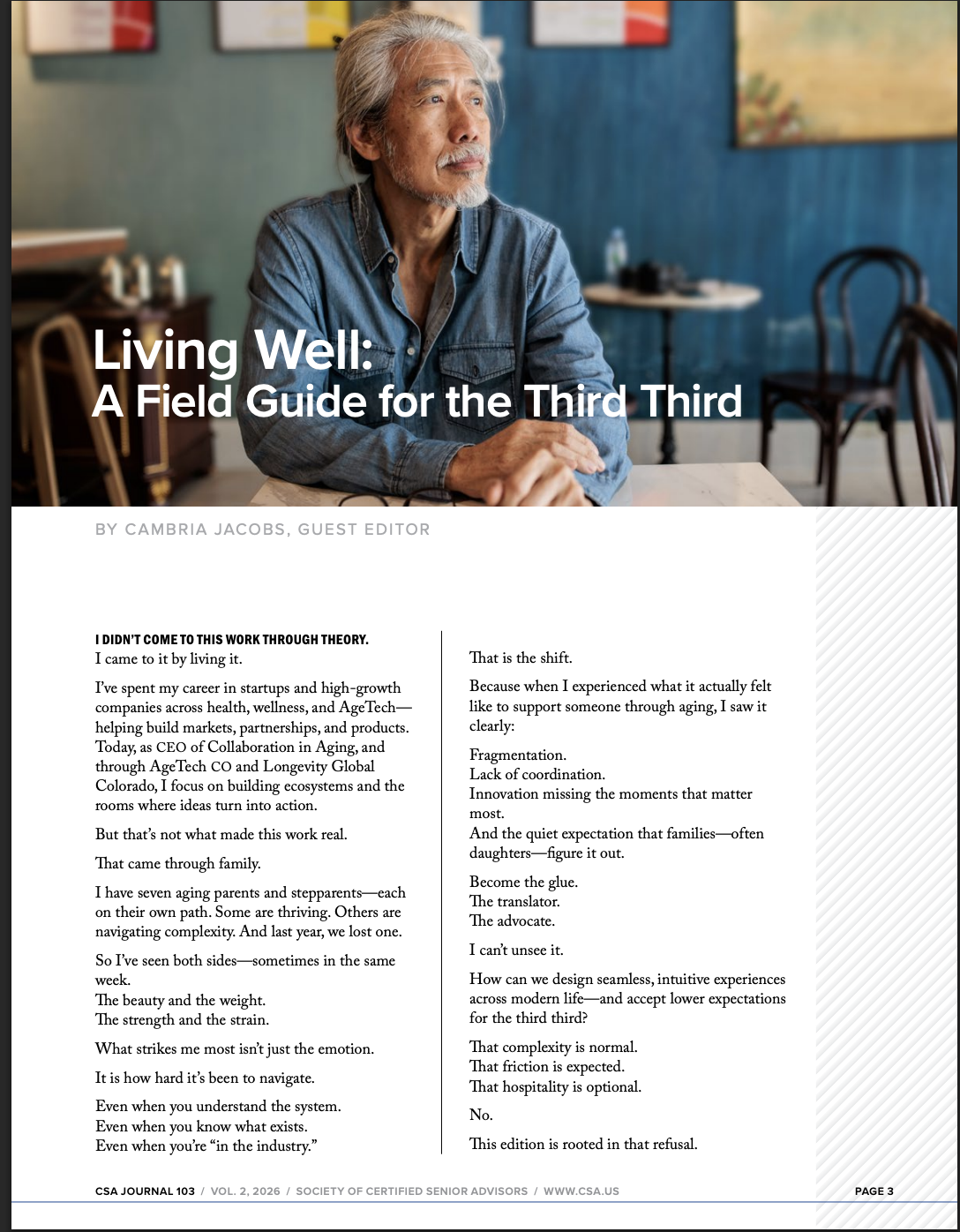 Opening spread of Living Well: A Field Guide for the Third Third, the guest editor letter by Cambria Jacobs in CSA Journal 103